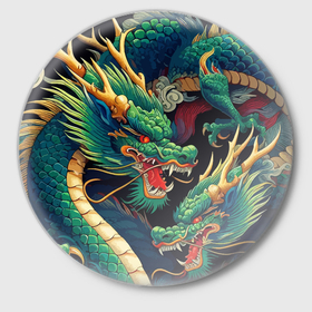 Значок с принтом Два Японских дракона   ирезуми в Курске,  металл | круглая форма, металлическая застежка в виде булавки | Тематика изображения на принте: 