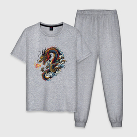 Мужская пижама хлопок с принтом Japanese dragon   engraving в Екатеринбурге, 100% хлопок | брюки и футболка прямого кроя, без карманов, на брюках мягкая резинка на поясе и по низу штанин
 | Тематика изображения на принте: 