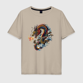 Мужская футболка хлопок Oversize с принтом Japanese dragon   engraving в Екатеринбурге, 100% хлопок | свободный крой, круглый ворот, “спинка” длиннее передней части | 