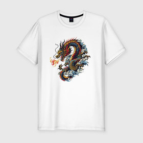 Мужская футболка хлопок Slim с принтом Japanese dragon   engraving в Екатеринбурге, 92% хлопок, 8% лайкра | приталенный силуэт, круглый вырез ворота, длина до линии бедра, короткий рукав | Тематика изображения на принте: 