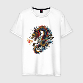 Мужская футболка хлопок с принтом Japanese dragon   engraving в Екатеринбурге, 100% хлопок | прямой крой, круглый вырез горловины, длина до линии бедер, слегка спущенное плечо. | Тематика изображения на принте: 