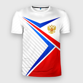 Мужская футболка 3D Slim с принтом Герб РФ   классические цвета флага в Петрозаводске, 100% полиэстер с улучшенными характеристиками | приталенный силуэт, круглая горловина, широкие плечи, сужается к линии бедра | 