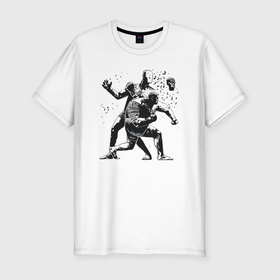 Мужская футболка хлопок Slim с принтом Мощный удар боксёра в Петрозаводске, 92% хлопок, 8% лайкра | приталенный силуэт, круглый вырез ворота, длина до линии бедра, короткий рукав | 