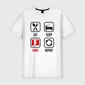 Мужская футболка хлопок Slim с принтом Eat   sleep   Fortnite   repeat в Тюмени, 92% хлопок, 8% лайкра | приталенный силуэт, круглый вырез ворота, длина до линии бедра, короткий рукав | 