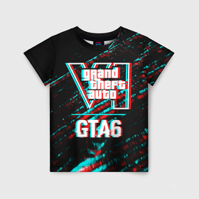 Детская футболка 3D с принтом GTA6 в стиле glitch и баги графики на темном фоне в Санкт-Петербурге, 100% гипоаллергенный полиэфир | прямой крой, круглый вырез горловины, длина до линии бедер, чуть спущенное плечо, ткань немного тянется | 