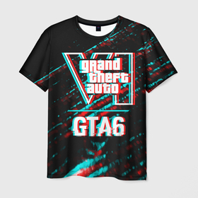 Мужская футболка 3D с принтом GTA6 в стиле glitch и баги графики на темном фоне в Курске, 100% полиэфир | прямой крой, круглый вырез горловины, длина до линии бедер | Тематика изображения на принте: 