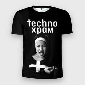 Мужская футболка 3D Slim с принтом Techno храм   монашка показывает язык в Екатеринбурге, 100% полиэстер с улучшенными характеристиками | приталенный силуэт, круглая горловина, широкие плечи, сужается к линии бедра | 