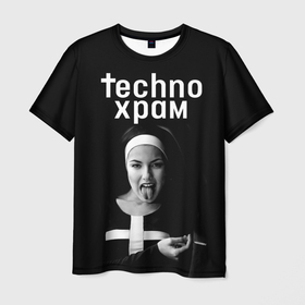 Мужская футболка 3D с принтом Techno храм   монашка показывает язык в Екатеринбурге, 100% полиэфир | прямой крой, круглый вырез горловины, длина до линии бедер | 