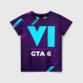 Детская футболка 3D с принтом Символ GTA 6 в неоновых цветах на темном фоне в Кировске, 100% гипоаллергенный полиэфир | прямой крой, круглый вырез горловины, длина до линии бедер, чуть спущенное плечо, ткань немного тянется | 
