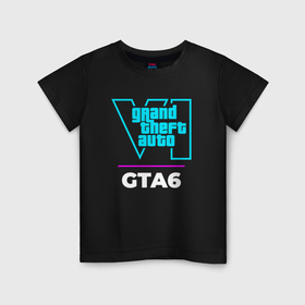 Детская футболка хлопок с принтом Символ GTA6 в неоновых цветах в Екатеринбурге, 100% хлопок | круглый вырез горловины, полуприлегающий силуэт, длина до линии бедер | Тематика изображения на принте: 