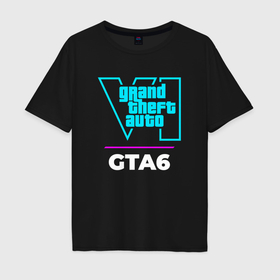 Мужская футболка хлопок Oversize с принтом Символ GTA6 в неоновых цветах в Екатеринбурге, 100% хлопок | свободный крой, круглый ворот, “спинка” длиннее передней части | Тематика изображения на принте: 