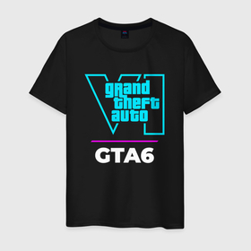 Мужская футболка хлопок с принтом Символ GTA6 в неоновых цветах в Екатеринбурге, 100% хлопок | прямой крой, круглый вырез горловины, длина до линии бедер, слегка спущенное плечо. | Тематика изображения на принте: 
