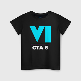 Детская футболка хлопок с принтом Символ GTA 6 в неоновых цветах в Санкт-Петербурге, 100% хлопок | круглый вырез горловины, полуприлегающий силуэт, длина до линии бедер | 