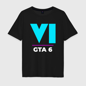 Мужская футболка хлопок Oversize с принтом Символ GTA 6 в неоновых цветах в Екатеринбурге, 100% хлопок | свободный крой, круглый ворот, “спинка” длиннее передней части | Тематика изображения на принте: 