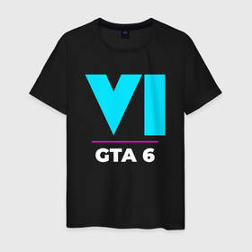 Мужская футболка хлопок с принтом Символ GTA 6 в неоновых цветах в Екатеринбурге, 100% хлопок | прямой крой, круглый вырез горловины, длина до линии бедер, слегка спущенное плечо. | Тематика изображения на принте: 