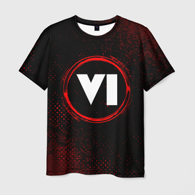 Мужская футболка 3D с принтом Символ GTA 6 и краска вокруг на темном фоне , 100% полиэфир | прямой крой, круглый вырез горловины, длина до линии бедер | 