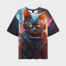 Мужская футболка oversize 3D с принтом Пламенный кот в стиле киберпанк в Санкт-Петербурге,  |  | 