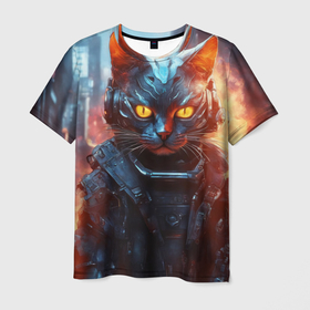Мужская футболка 3D с принтом Пламенный кот в стиле киберпанк в Санкт-Петербурге, 100% полиэфир | прямой крой, круглый вырез горловины, длина до линии бедер | 