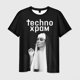 Мужская футболка 3D с принтом Techno храм монашка курит в Кировске, 100% полиэфир | прямой крой, круглый вырез горловины, длина до линии бедер | 
