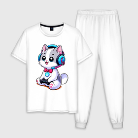 Мужская пижама хлопок с принтом Котёнок игроман в Санкт-Петербурге, 100% хлопок | брюки и футболка прямого кроя, без карманов, на брюках мягкая резинка на поясе и по низу штанин
 | 