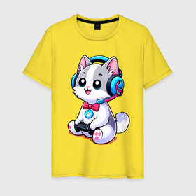 Мужская футболка хлопок с принтом Котёнок игроман в Белгороде, 100% хлопок | прямой крой, круглый вырез горловины, длина до линии бедер, слегка спущенное плечо. | 