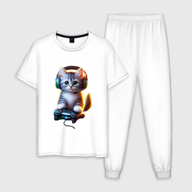 Мужская пижама хлопок с принтом Котёнок заядлый игрок в Курске, 100% хлопок | брюки и футболка прямого кроя, без карманов, на брюках мягкая резинка на поясе и по низу штанин
 | Тематика изображения на принте: 