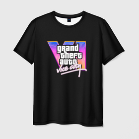 Мужская футболка 3D с принтом Gta 6 vice city logo в Белгороде, 100% полиэфир | прямой крой, круглый вырез горловины, длина до линии бедер | Тематика изображения на принте: 