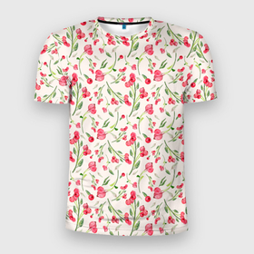 Мужская футболка 3D Slim с принтом Красные ягоды bege в Тюмени, 100% полиэстер с улучшенными характеристиками | приталенный силуэт, круглая горловина, широкие плечи, сужается к линии бедра | 