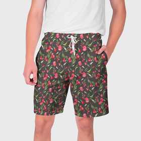 Мужские шорты 3D с принтом Красные ягоды violet в Тюмени,  полиэстер 100% | прямой крой, два кармана без застежек по бокам. Мягкая трикотажная резинка на поясе, внутри которой широкие завязки. Длина чуть выше колен | 