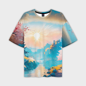 Мужская футболка oversize 3D с принтом Японский город вдали и цветущая Сакура у реки в Кировске,  |  | 