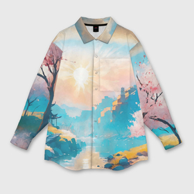 Мужская рубашка oversize 3D с принтом Японский город вдали и цветущая Сакура у реки в Курске,  |  | 
