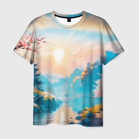 Мужская футболка 3D с принтом Японский город вдали и цветущая Сакура у реки в Белгороде, 100% полиэфир | прямой крой, круглый вырез горловины, длина до линии бедер | 