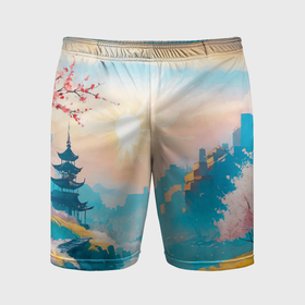 Мужские шорты спортивные с принтом Японский город вдали и цветущая Сакура у реки в Курске,  |  | Тематика изображения на принте: 