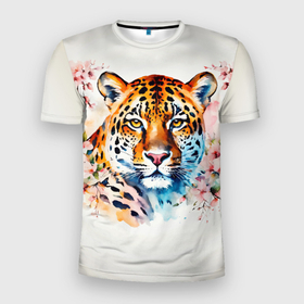 Мужская футболка 3D Slim с принтом Леопард с цветущей сакурой в Белгороде, 100% полиэстер с улучшенными характеристиками | приталенный силуэт, круглая горловина, широкие плечи, сужается к линии бедра | 