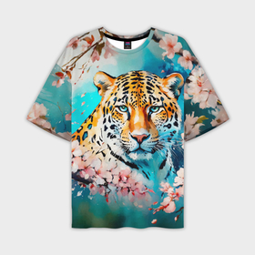 Мужская футболка oversize 3D с принтом Леопард с цветущей сакурой в Новосибирске,  |  | 
