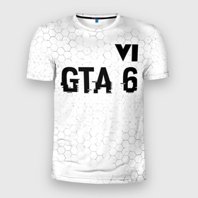 Мужская футболка 3D Slim с принтом GTA 6 glitch на светлом фоне посередине в Кировске, 100% полиэстер с улучшенными характеристиками | приталенный силуэт, круглая горловина, широкие плечи, сужается к линии бедра | 