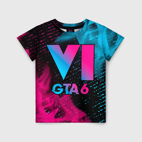 Детская футболка 3D с принтом GTA 6   neon gradient в Курске, 100% гипоаллергенный полиэфир | прямой крой, круглый вырез горловины, длина до линии бедер, чуть спущенное плечо, ткань немного тянется | Тематика изображения на принте: 
