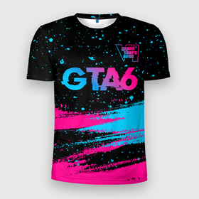 Мужская футболка 3D Slim с принтом GTA6   neon gradient посередине в Екатеринбурге, 100% полиэстер с улучшенными характеристиками | приталенный силуэт, круглая горловина, широкие плечи, сужается к линии бедра | Тематика изображения на принте: 