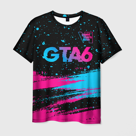 Мужская футболка 3D с принтом GTA6   neon gradient посередине в Курске, 100% полиэфир | прямой крой, круглый вырез горловины, длина до линии бедер | 