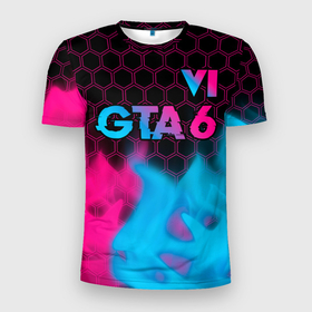 Мужская футболка 3D Slim с принтом GTA 6   neon gradient посередине в Екатеринбурге, 100% полиэстер с улучшенными характеристиками | приталенный силуэт, круглая горловина, широкие плечи, сужается к линии бедра | Тематика изображения на принте: 