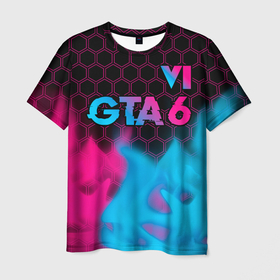 Мужская футболка 3D с принтом GTA 6   neon gradient посередине в Екатеринбурге, 100% полиэфир | прямой крой, круглый вырез горловины, длина до линии бедер | Тематика изображения на принте: 
