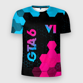 Мужская футболка 3D Slim с принтом GTA 6   neon gradient вертикально в Петрозаводске, 100% полиэстер с улучшенными характеристиками | приталенный силуэт, круглая горловина, широкие плечи, сужается к линии бедра | Тематика изображения на принте: 