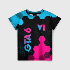 Детская футболка 3D с принтом GTA 6   neon gradient вертикально в Курске, 100% гипоаллергенный полиэфир | прямой крой, круглый вырез горловины, длина до линии бедер, чуть спущенное плечо, ткань немного тянется | Тематика изображения на принте: 