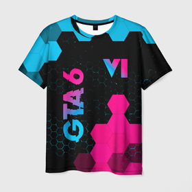 Мужская футболка 3D с принтом GTA 6   neon gradient вертикально в Тюмени, 100% полиэфир | прямой крой, круглый вырез горловины, длина до линии бедер | 