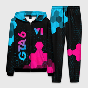 Мужской костюм 3D с принтом GTA 6   neon gradient вертикально в Петрозаводске, 100% полиэстер | Манжеты и пояс оформлены тканевой резинкой, двухслойный капюшон со шнурком для регулировки, карманы спереди | 