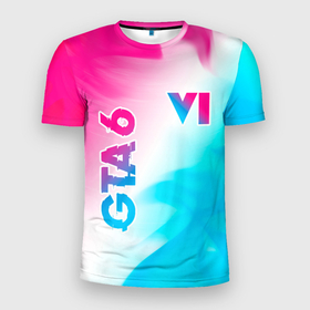 Мужская футболка 3D Slim с принтом GTA 6 neon gradient style вертикально в Санкт-Петербурге, 100% полиэстер с улучшенными характеристиками | приталенный силуэт, круглая горловина, широкие плечи, сужается к линии бедра | Тематика изображения на принте: 