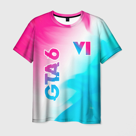 Мужская футболка 3D с принтом GTA 6 neon gradient style вертикально в Санкт-Петербурге, 100% полиэфир | прямой крой, круглый вырез горловины, длина до линии бедер | Тематика изображения на принте: 