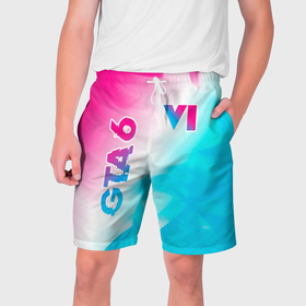 Мужские шорты 3D с принтом GTA 6 neon gradient style вертикально ,  полиэстер 100% | прямой крой, два кармана без застежек по бокам. Мягкая трикотажная резинка на поясе, внутри которой широкие завязки. Длина чуть выше колен | Тематика изображения на принте: 