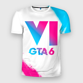 Мужская футболка 3D Slim с принтом GTA 6 neon gradient style в Петрозаводске, 100% полиэстер с улучшенными характеристиками | приталенный силуэт, круглая горловина, широкие плечи, сужается к линии бедра | Тематика изображения на принте: 