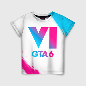 Детская футболка 3D с принтом GTA 6 neon gradient style в Курске, 100% гипоаллергенный полиэфир | прямой крой, круглый вырез горловины, длина до линии бедер, чуть спущенное плечо, ткань немного тянется | 
